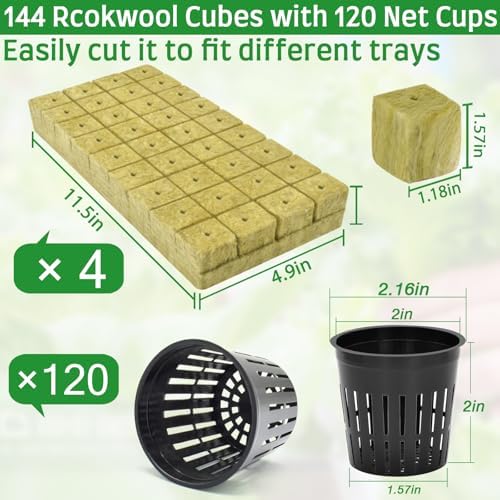 Halatool 144PCS 1.2" Rockwool Cubes & 120PCS 2" Net Cups for Hydroponics - Image 2
