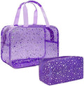 2PCS Clear Star Print Waterproof Makeup Bag, Lagre PVC Cosmetic Pouch with Zipper, Travel Toiletry Organizer for Women, Small Personal Item for Travel, Business Trip, Gym & Daily Use (Purple) by junesters