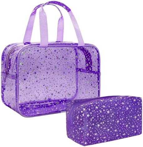 2PCS Clear Star Print Waterproof Makeup Bag, Lagre PVC Cosmetic Pouch with Zipper, Travel Toiletry Organizer for Women, Small Personal Item for Travel, Business Trip, Gym & Daily Use (Purple) by junesters
