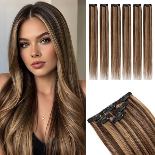 Rich Choices Real Human Hair Clip In Extensions-6 Pcs Single Clip Design-Invisible Clip in Extensions for Thin Hair-Hairpieces for Women/Men-16 Inches #2RP6 Chocolate Brown Highlight Light Brown by RichChoices
