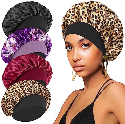 4PCS Silk Hair Bonnet for Sleeping,Hair Wrap Satin Bonnets Shower Cap for Black Women Men, Elastic Wide Band Hair Bonnet Cap for Sleeping Curly Hair(Black & Wine Red & Purple Print & Leopard Pattern) by FIRSTPELLA