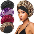 4PCS Silk Hair Bonnet for Sleeping,Hair Wrap Satin Bonnets Shower Cap for Black Women Men, Elastic Wide Band Hair Bonnet Cap for Sleeping Curly Hair(Black & Wine Red & Purple Print & Leopard Pattern) by FIRSTPELLA
