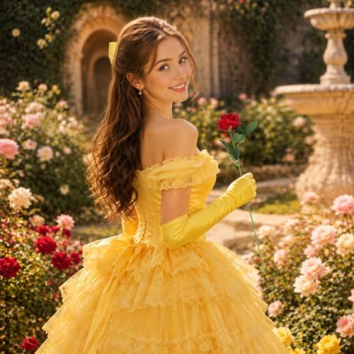 Princess Costume Accessories Crown Rose Hair Bow Yellow Gloves Kit - Image 4