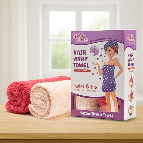 Textila 100% Cotton Hair Wrap Towels for Women (Pack of 2, Raspberry & Pink) – Soft & Absorbent Turban Towels for Long, Curly, Frizz-Prone Hair - Image 2