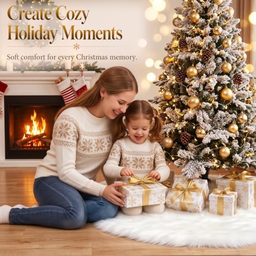 36 Inch White Christmas Tree Skirt, Fluffy Plush Round Base Cover - Image 2