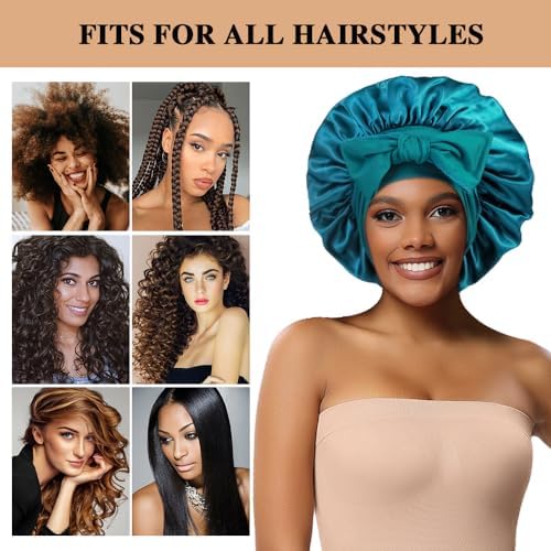 2+3 Large Satin Bonnets with Scrunchies for Women, Hair Bonnet Sleeping Tie Bonnet for Braids Curly Hair - Image 4