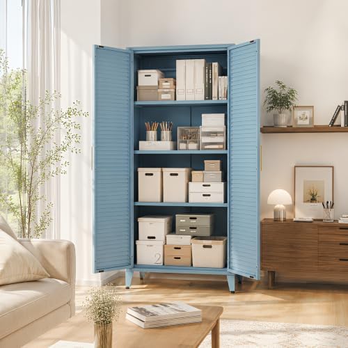 61" H Metal Storage Cabinet with Hanger Rod and 3 Shelves, Kitchen Pantry Cabinet, Tall Freestanding Utility Cupboard, Blue Steel Garage Cabinets for Tool Office Kitchen Bathroom School - Image 2