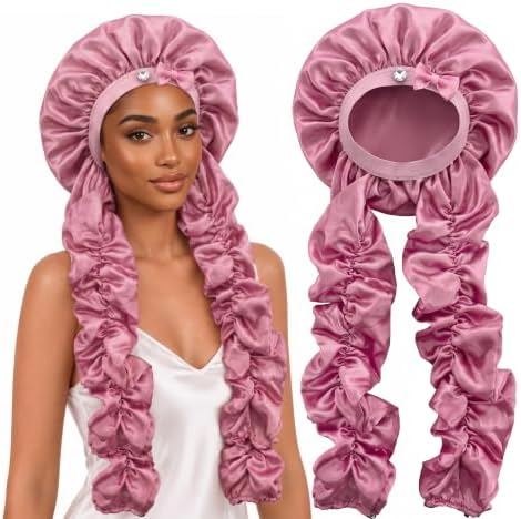 Heatless Curl Sleep Bonnet, Night Cap with Long Ribbons for Braids Pink by U%C2%B7helper-YourGoodHelper
