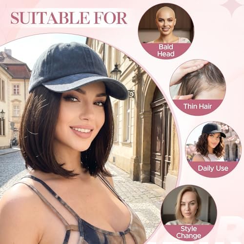 SEGO Unisex Vintage Baseball Cap with Hair Extensions for Women Synthetic Hair Attached Short Straight Hairpiece Denim Blue Baseball Cap Wig Adjustable Hat Wigs for Women 6 Inch 4A Black Brown - Image 4