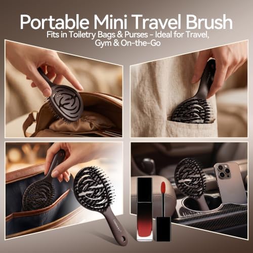 Travel Boar Bristle Hair Brush, Mini Small Pocket Hairbrush For Women Kids - Image 2