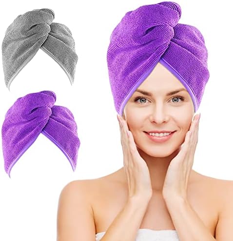 NEXCOVER Hair Towel Microfiber, 2 Pack Grey Purple 9.8 inch X 25.5 inch Hair Wrap,Ultra Absorbent Hair Turbans,Fast Drying Head Towels for Women Wet Hair,Long,Curly,Thick,Frizzy Hair by NEXCOVER