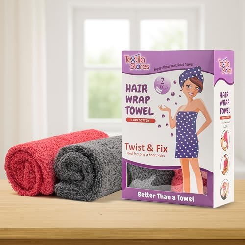 Textila 100% Cotton Hair Wrap Towels for Women (Pack of 2, Raspberry & Grey) – Soft & Absorbent Turban Towels for Long, Curly, Frizz-Prone Hair - Image 2