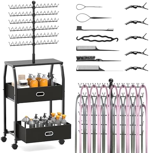 XINTUO Portable Braiding Hair Rack With Wheels & Storage Drawers,168 Pegs Hair Extension Holder Hanger for Braiding Hair Separator Stand Display,Hair rack with stylist hair braiding tools(black) by XINTUO