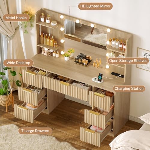 Quimoo Fluted Vanity Desk with Mirror and Adjustable LED Lights & Power Outlet, Makeup Vanity Desk with 7 Drawers,4 Shelves and 5 Hooks, Vanity for Girls, Natural Oak - Image 3