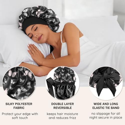 Satin Hair Braid Bonnet for Sleeping Double Layer Elastic Wide Soft Tie Band Hair Silk Lined Sleep Cap Women Girls - Image 3