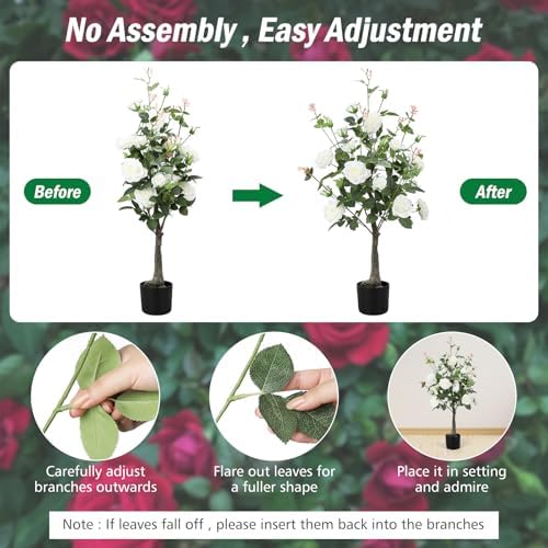 Romantic season 2Pack Artificial Rose Flower Trees, 42Inch White Faux Rose Tree with Green Leaves for Living Room Office Home Outdoor Indoor Decor - Image 5