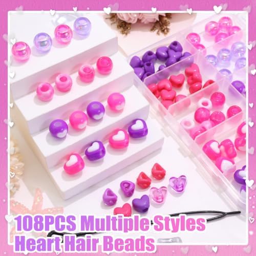 NAISKA 108PCS Purple Hair Beads for Braids Hot Pink Heart Loc Beads 13 Styles Hair Bead Set 2 Colors Dreadlock Jewelry Lovely Hair Accessories for Kids Girls - Image 2