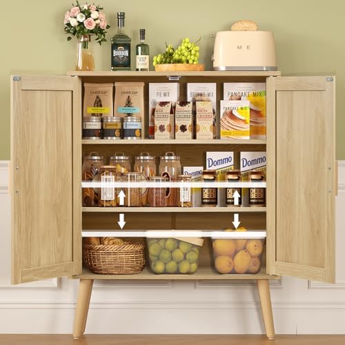 Iwell Storage Cabinet with 2 Shelves, Rattan Cabinet with 2 Doors, Sideboard Buffet Cabinets with Storage for Living Room, Dining Room, Entryway, Natural - Image 5