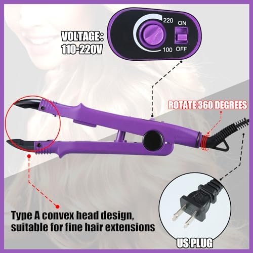 Lothee K Tip Hair Extensions Kit with Heat Iron Finger Protector, Purple - Image 3