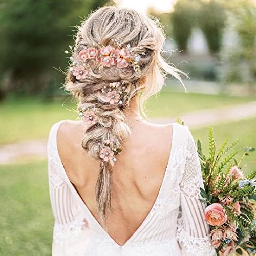 5 Pieces Bridal Flower Wedding Hair Pins Crystal Pearl Hair Combs Clips Headpiece Gold Wedding Hair Accessories Jewelry with Rhinestone for Brides Bridesmaids Women Girls Updo (Cherry Blossoms Pink) - Image 2