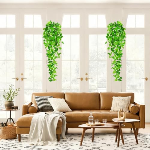 Artificial Hanging Plants, 2pcs Fake Pothos Vine Greenery for Wall Decor - Indoor Outdoor Home Living Room Hanging Decor, No Basket Included - Image 6