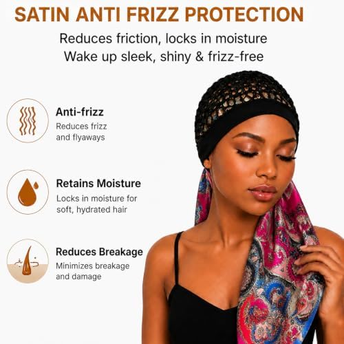 2 in 1 Wrap Cap Hair Net and Scarf for Silk Press, Satin Wrap Cap Bonnet for Women, Adjustable Stay-On Sleep Hair Net Scarf for All Hair Types (Rose red, One Size) - Image 3