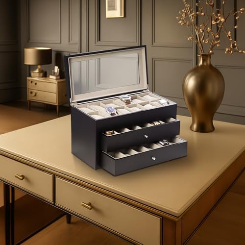 Bey-Berk Duke Matte Black Wood Watch Box – 36-Slot Organizer with Glass Top, 2 Drawers & Velour Lining - Image 5