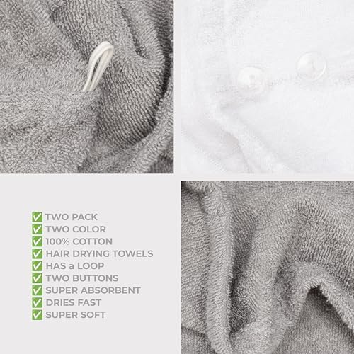 American Soft Linen 100% Cotton Hair Towels for Women, Head Towel Cap, Cotton Hair Turban Towel Wrap for Hair, Soft and Absorbent Cotton Hair Towels 2 Pack, White-Light Gray - Image 6