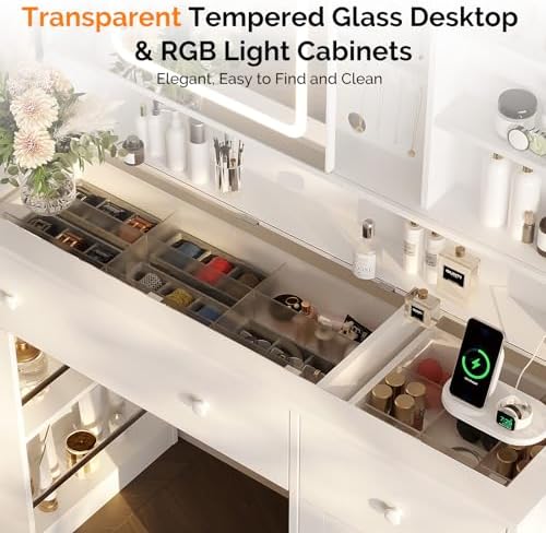 VINGLI Vanity Desk with Sliding Mirror and Lights, Glass Top Makeup Vanity Table w/Glass Cabinets w/Hidden Jewelry Storage & Power Outlets & Hairdryer Holder, 43in White Dressing Table Gifts Girls - Image 2