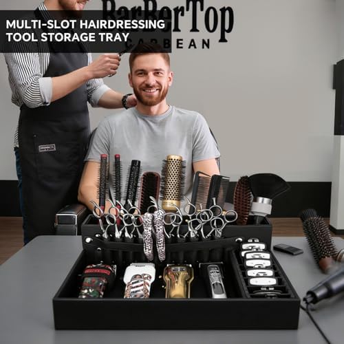 Barber Organizer Tray, 13.9 x 11.2 x 4.4 inch Adjustable Station for Clippers & Guards Scissors, Multifunctional Non-slip Barber&Salon Hair Tools Holder, with PU Leather Exterior Hairdressing Case - Image 2