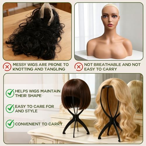 Wig Head Stand with Wig Brush Comb Set Travel Wigs Holder Comb Set for Women Human and Synthetic Hair | 2in 1 Wig Milk Spray & Shampoo Hydrates & Moisturizes, Promotes Silkiness & Shine Easy Combing - Image 2