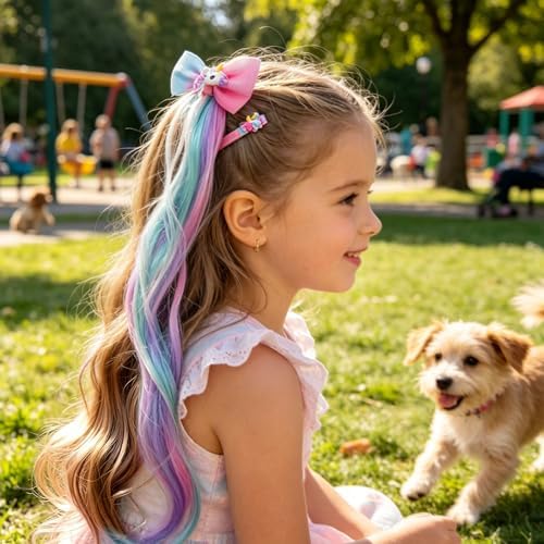 Ideal Swan 6 Set Unicorn Hair Extensions Clip - Colorful Curly Hair Extensions for Girls, Cute Unicorn Accessories Hair Clips for Kids Ponytails, Rainbow Thick Wig Clip in Fake Bangs (Curly Hair) - Image 5
