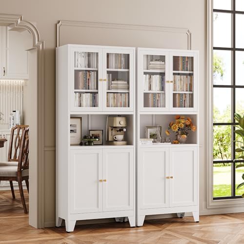YAUWOH 69" Tall Metal Pantry Cabinet with Microwave Shelf, 2 Glass Doors & 3 Adjustable Shelves, 120LBS Per Shelf Heavy Duty Storage Cabinet with Anti-Tip Design for Kitchen,Dining Room (1PC,White) - Image 2