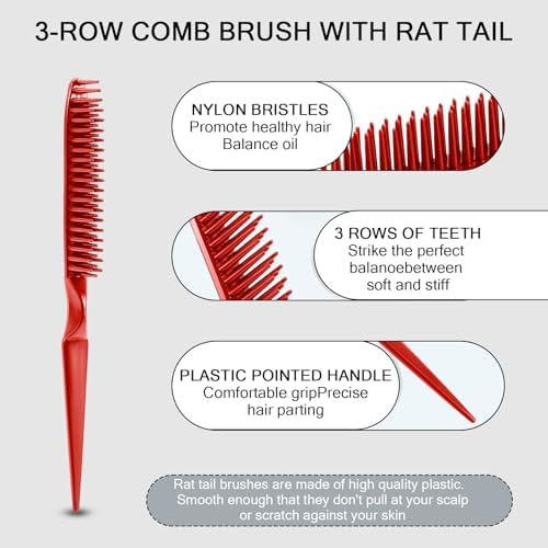 SIMPOR 3 Row Hair Comb for Natural Detangling, Hair Styling Brush, Nylon Bristle Unbraider Teasing Rat Tail Comb for Women Men Red - Image 2