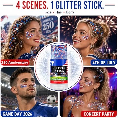 Go Ho Red White and Blue Glitter Stick,Waterproof Star&Heart Face,Body&Hair Glitter,4th of July Accessories,Patriotic USA Flag Sparkle Cheer Glitter Makeup for Soccer Game Independence Day Makeup - Image 6
