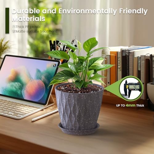 Meowell 7 inch Plant Pots for Indoor Outdoor Plants, 5 Pack Thick Flower Pots with Drainage Holes and Saucers, 3D Modern Wave Texture Plastic Planter Nursery Pots, Speckled Grey - Image 4