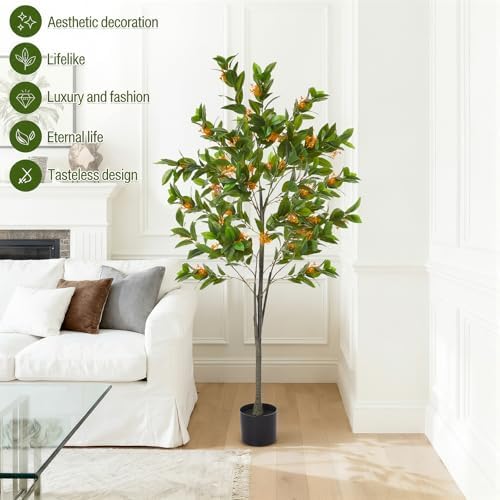 Daifunli 5ft Artificial Flower Tree Indoor Faux Osmanthus Tree Realistic Osmanthus Plants in Pot with Orange Flowers Lifelike Fake Floor Plant for Indoor Outdoor Home Living Room Office Wedding - Image 6