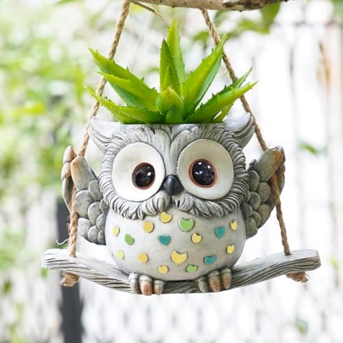 Swing Owl Hanging Planters for Indoor Plants, Cute Small Succulent Pots with Drainage Hole, Unique Resin Plant Hangers Outdoor, Hanging Plant Holder for String Of Pearls, Gift Ideas for Mother by Saysmile
