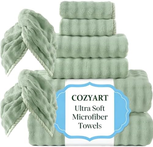 COZYART Lint Free 8 Pcs Bathroom Towel Set Ultra Soft Microfiber Sage Green by COZYART