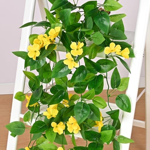 BLEUM CADE Artificial Hanging Flowers for Outdoors, 2pcs Fake Hanging Plants Pothos Vines with Yellow Flowers for Wall Home Living Room Indoor Outdoor Decor (No Baskets) - Image 3