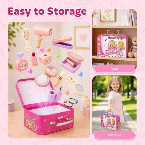 Wooden Makeup Toy Set for Toddlers 3-5, Pretend Play with Storage Case - Image 4