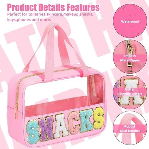BuyCard Chenille Letter Clear Snack Bags Makeup bag, Preppy Cosmetic Bag, Nylon & PVC Waterproof Travel Pouch with Zipper & Handle, Large Capacity Toiletry Organizer Bag for Women & Girls (Pink) - Image 3
