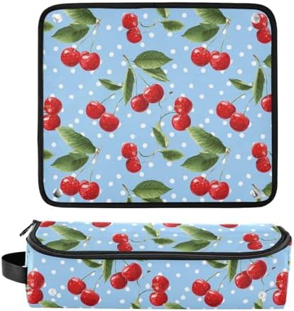 Hair Tools Travel Bag with Heat Resistant Mat 2-in-1 Hot Tools Travel Bag Organizer Flat Curling Iron Travel Case for Straightener Light Blue Dots Red Cherry - Image 3