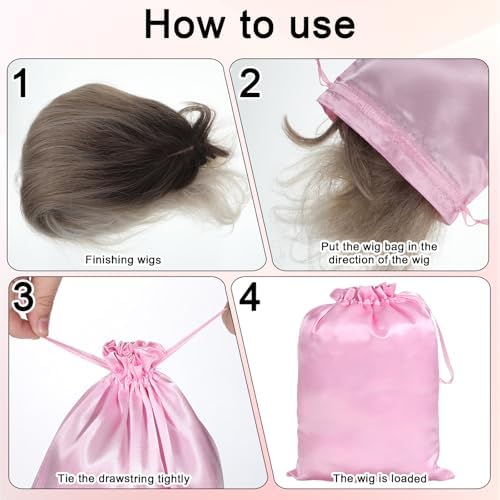 4PCS Wig Bags with Satin Drawstring, Pink Silk Satin Bags - Image 7