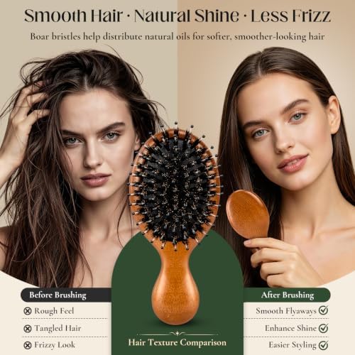 Mini Boar Bristle Hair Brush for Women Men, Small Travel HairBrush - Image 3