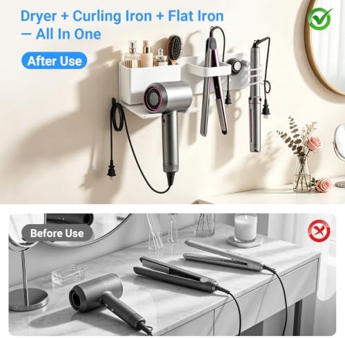 Hair Dryer Holder Wall Mount with 2 Storage Compartments, Aerospace Aluminum Blow Dryer Curling Iron Flat Iron Holder, No Drill Adhesive Bathroom Hair Tool Organizer, Heat Resistant (White) - Image 5