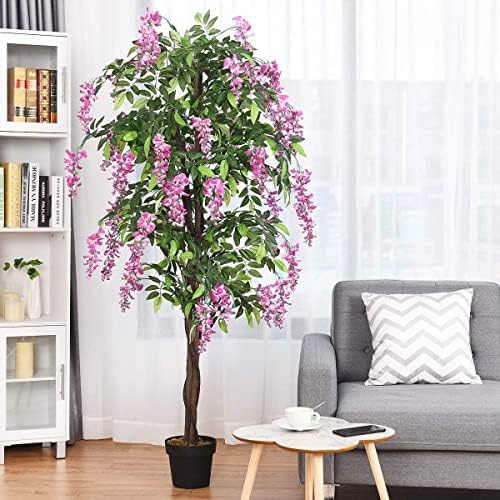 Goplus 6FT Ficus Artificial Tree, 2 Pack Fake Wisteria Tree in Nursery Pot, Greenery Faux Floor Plant, Tall Artificial Plants for Indoor Outdoor Bedroom Living Room Decor - Image 2