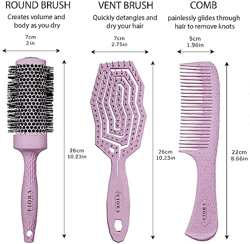 Fiora Naturals Hair Brush Set for Women, Detangler, Round Brush and Comb - Image 3