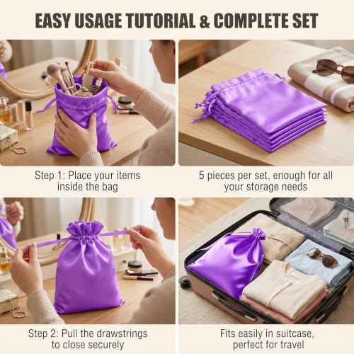 UPSTORE 5Pcs Satin Wig Storage Bags, Drawstring Silk Pouches for Hair - Image 5