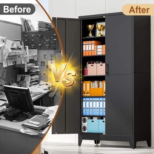 79" Black Metal Storage Cabinet with 2 Doors and 5 Adjustable Shelves,Steel Garage Tool Cabinet, File Cabinet,Kitchen Pantry Cabinet for Home,Office,Garage,School,Warehouse - Image 7